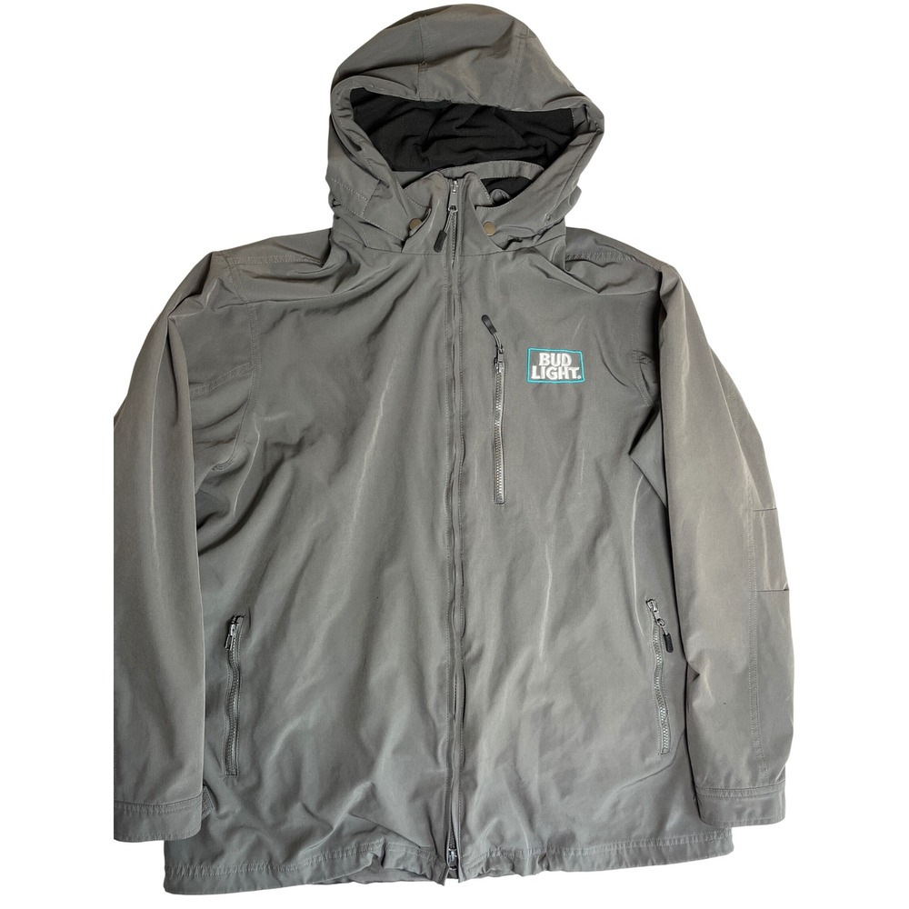 Bud Light Budweiser Mens Gray Softshell Hooded Jacket Full Zip Promo 2XL